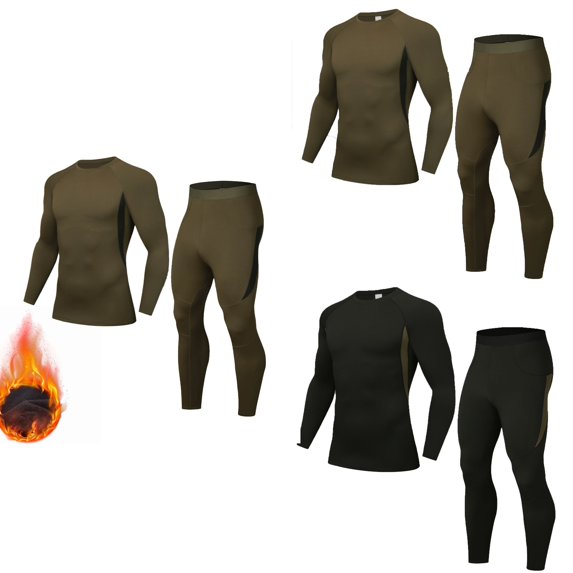 Antinious Men Versatile Solid Fall Winter Lined Round Neck Long Sleeve Thermal Undershirts Pajama Set