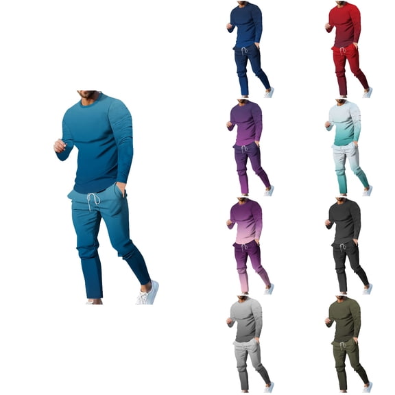 Antinious Winter Sleepwear Outfits for Men,Mens Loungewear Set,Mens Pajamas Set Casual Round Neck Gradation Print Long Sleeve Blouse Pants Outfits,Purple,M