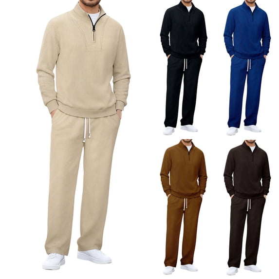 Antinious Winter Sleepwear Outfits for Men,Mens Loungewear Set,Mens Pajamas Set Long Sleeved Solid Button Zipper Pocket Long Pants Drawstring Set,Beige,XXL