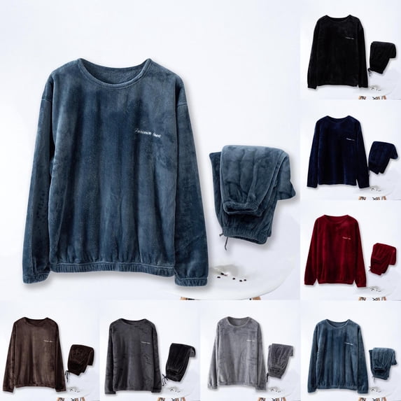 Antinious Winter Sleepwear Outfits for Men,Mens Loungewear Set,Mens Pajamas Set Solid Casual Fashion Round Neck Long Sleeve Pants Set Sleepwear,Navy,XXL