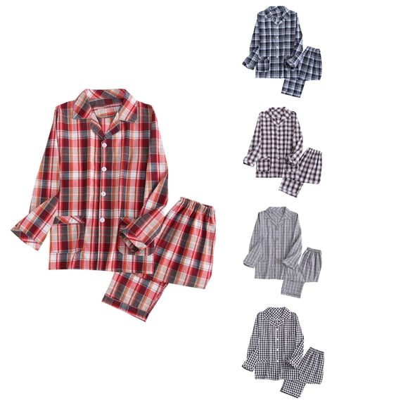 Antinious Man Check Solid Soft Collared Long Sleeve Tops Long Pants Warm Classic Versatile Pajamas Set