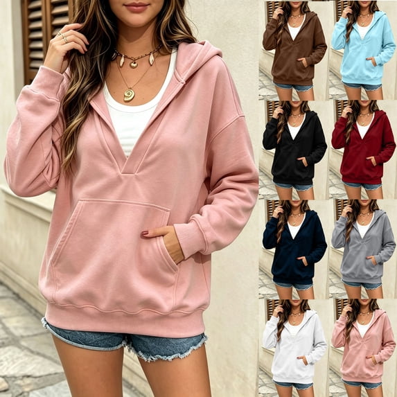 Antinious Woman Hooded Sweatshirt Long Sleeve Outer Pockets Loose Solid