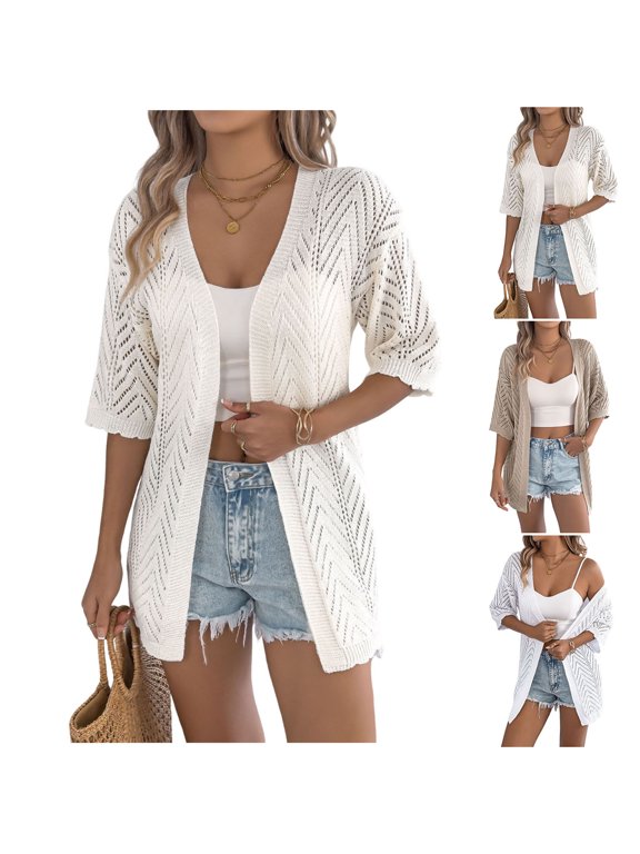 Women 3/4 Sleeve Solid Hollow Out Long Cut Loose Versatile Knit Cardigan