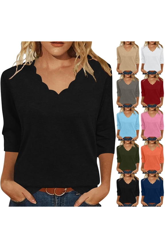 Women 3/4 Sleeve Solid Loose Wave Neckline Soft Daily Tops