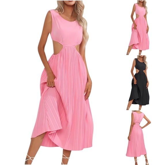 Antinious Women Camis Sleeveless Solid Cutout Waist Ruffled Loose Long Party Dress
