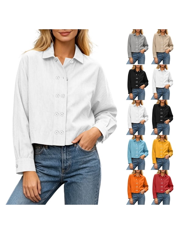 Women Button Jacket Collared Hoodless Solid Long Sleeve Classic Casual