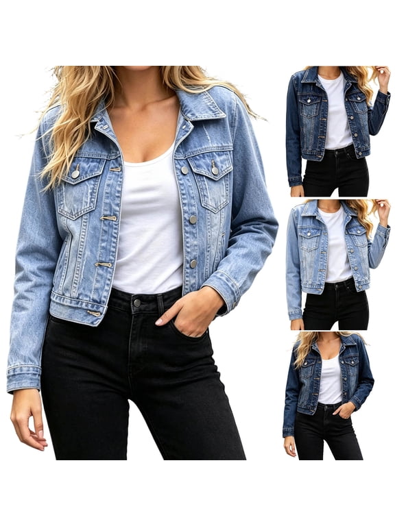 Women Denim Jacket Collared Hoodless Long Sleeve Button Pocket Solid Classic Casual