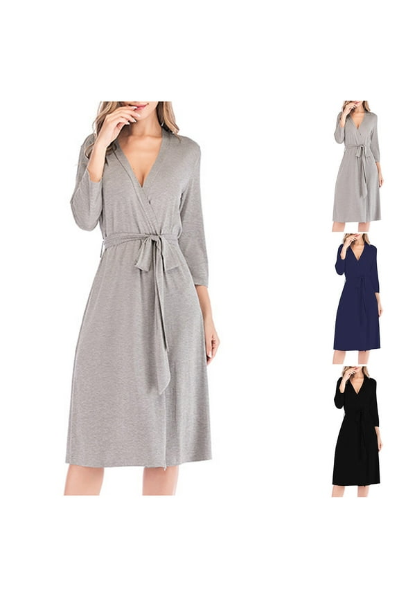 Women Casual Lightweight Long Sleeve V-Neck Fitted Robe Breathable Loungewear Robe,Robes for Women,Women Pajamas Bathrobes,Black,S