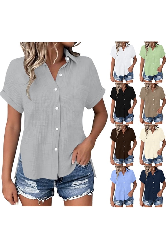 Women Collared Short Sleeve Solid Side Split Pockets Casual Tops