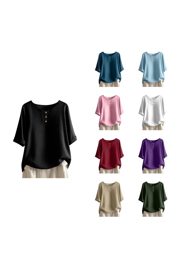 Women Crewneck Mid Sleeve Solid Linen Casual Soft Lightweight Tops