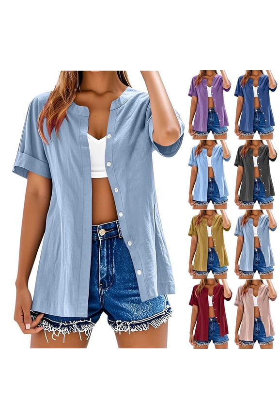 Women Crewneck Short Sleeve Solid Button Front Cardigan Style Casual Tops
