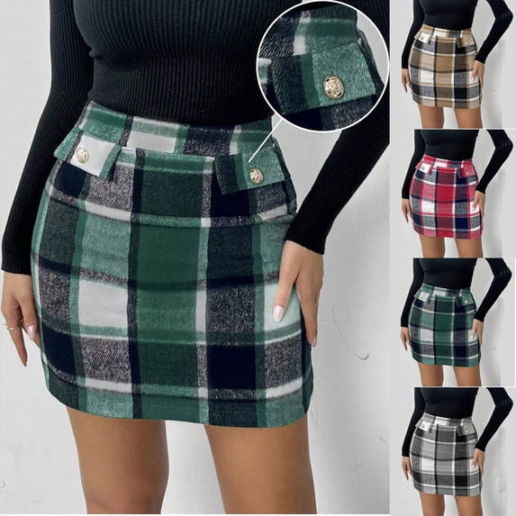 Antinious Women Fall Winter Mini Skirts Check Print High Waist Bodycon Print