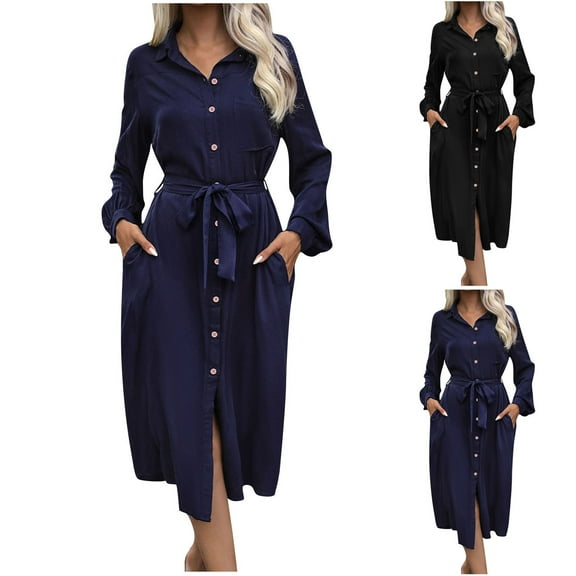 Antinious Women Fashion Casual Frock Dress Long Sleeve Solid Lapel Button Dress,Birthday Dresses for Women,Women Party Dress,Black,S