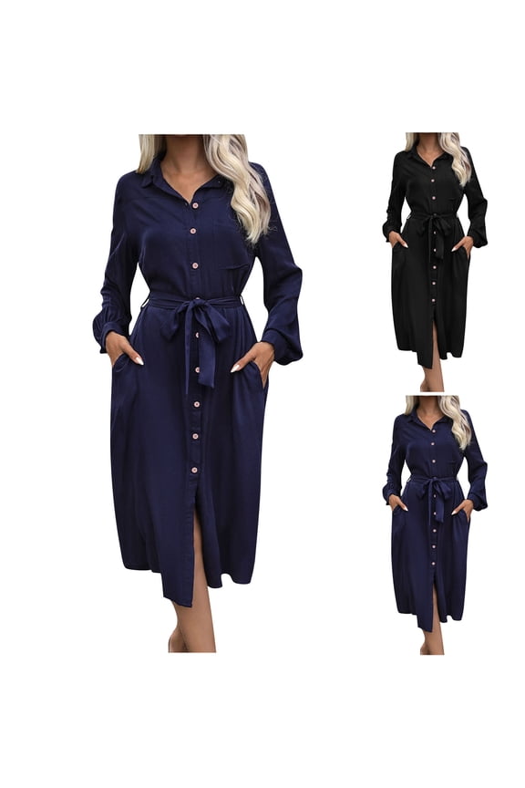 Women Fashion Casual Frock Dress Long Sleeve Solid Lapel Button Dress,Birthday Dresses for Women,Women Party Dress,Navy,XL
