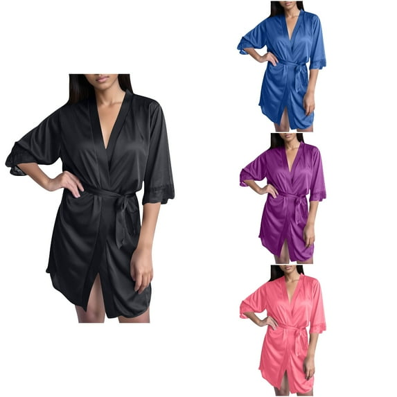 Antinious Women Fashion Casual Lightweight Robe Long Sleeve V-Neck Bathrobe with Belt,Robes for Women,Women Pajamas Bathrobes,Blue,Free Size