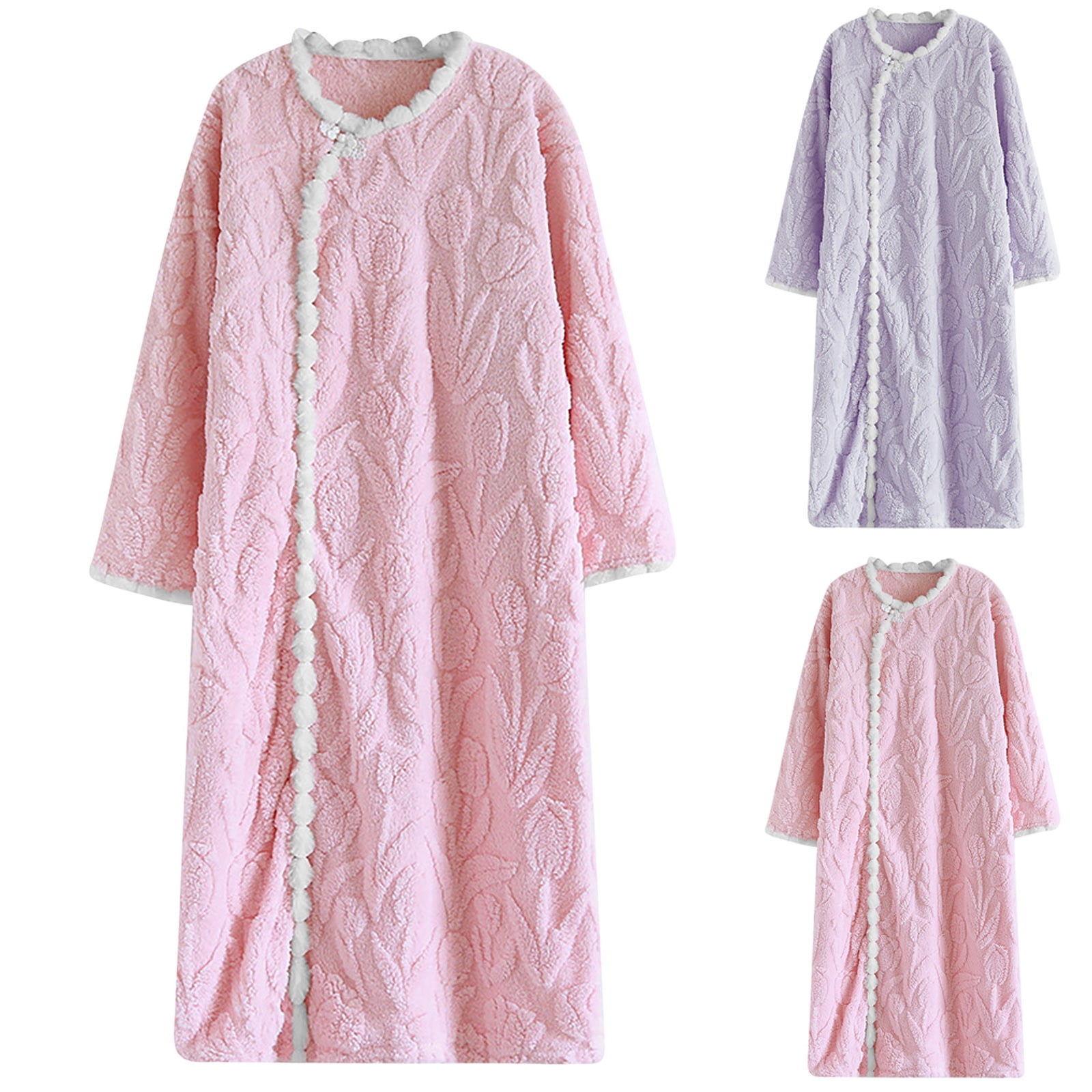 Women Flannel Robes Solid Long Sleeve Crew Neck Button Down Bathrobe with Pockets,Robes for Women,Women Pajamas Bathrobes,Pink,XL