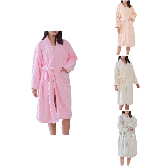 Antinious Women Fleece Cloud Check Long Sleeve Knit Robe Soft Sleepwear,Winter Robes for Women,Women Pajamas Bathrobes,Pink,Free Size