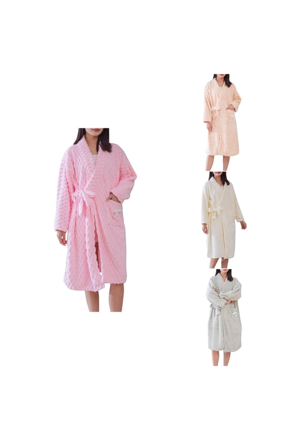 Women Fleece Cloud Check Long Sleeve Knit Robe Soft Sleepwear,Fall Winter Robes for Women,Women Pajamas Bathrobes,White,Free Size
