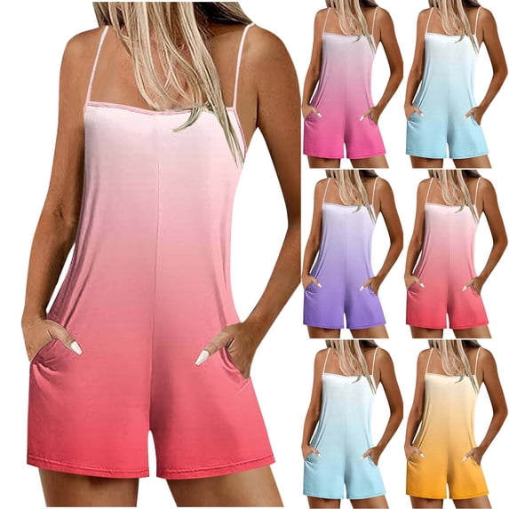 Antinious Women Gradient Print Sleeveless Pocket Wide Leg Shorts Romper Summer with Loose Style