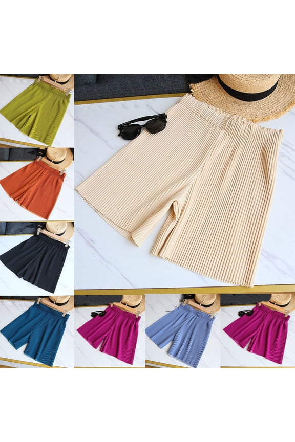 Women High Waist Solid Half Shorts Pants with Pleated Wide Leg