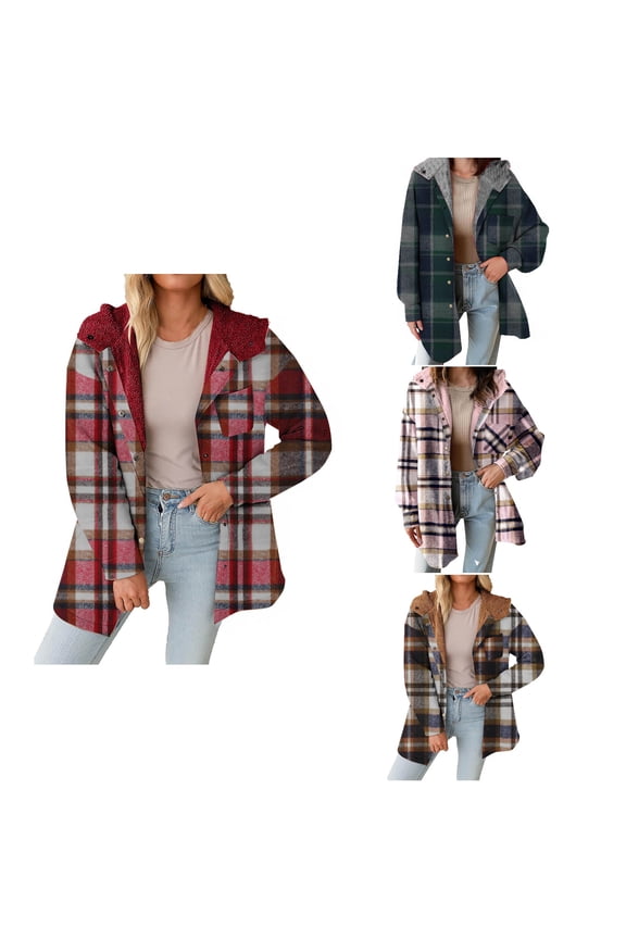 Women Hooded Plaid Shacket Jacket Casual Print Long Sleeve Warm Fleece Lined Outerwear Coat with Button Pockets,Women Winter Sweater Coat,Womens Trench Coat,Green,S