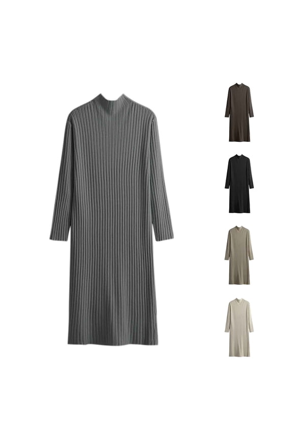 Women Knit Fall Winter Frock Dress Solid Half High Neck Long Sleeve Midi Sweater Dress,Winter Dresses for Women,Long Sleeve Party Dress for Women,Beige,Free Size