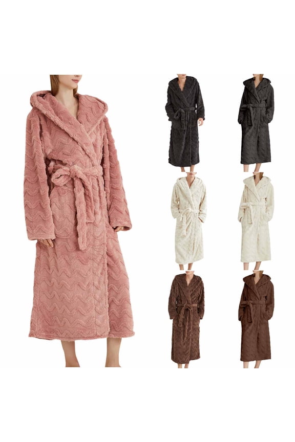 Women Knit Wrap Robe Solid Fleece Hooded Long Bathrobe with Pockets Thickened Soft Belted Sleepwear Robe,Robes for Women,Women Pajamas Bathrobes,Pink,M