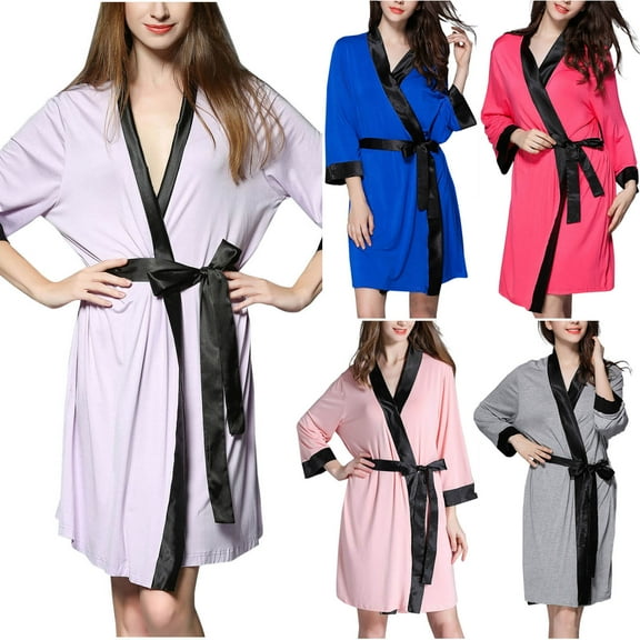Antinious Women Lightweight Long Sleeve Solid Wrap Sleepwear with Contrast Belt,Robes for Women,Women Pajamas Bathrobes,Blue,XXL