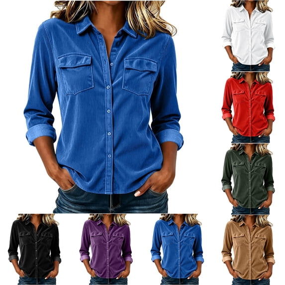 Antinious Women Long Sleeve Collared Button Pocket Solid Loose Stylish Corduroy Cardigan