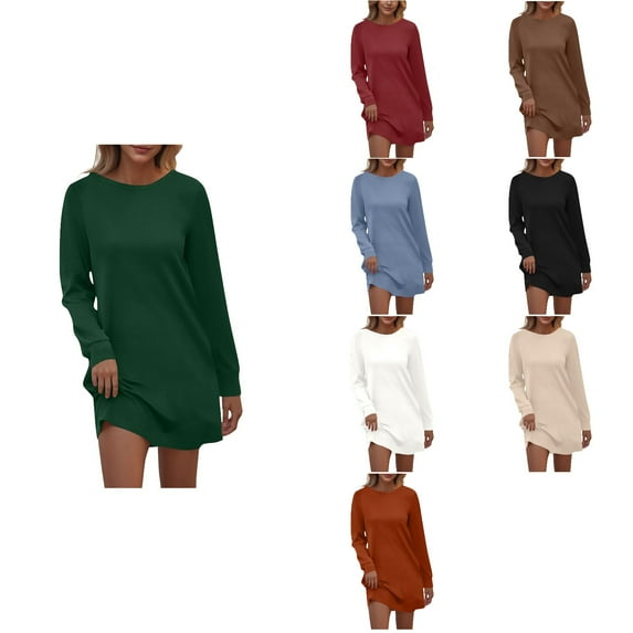 Antinious Women Long Sleeve Fashion Casual Solid Crew Neck Back Ruffle Pocket Beach Dress,Birthday Dresses for Women,Women Party Dress,Brown,M
