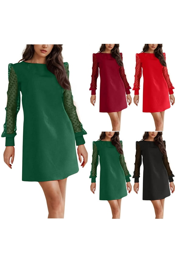 Women Long Sleeve Solid Crew Neck Frock Dress Mesh Sheer Polka Paneled Mid Calf Evening Dress,Birthday Dresses for Women,Women Party Dress,Green,S