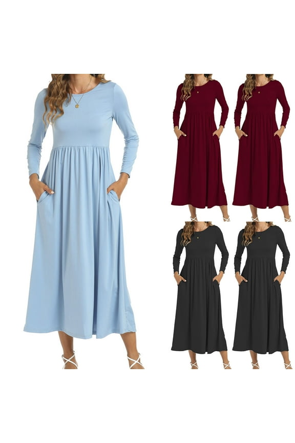 Women Long Sleeve Solid Crew Neck High Waist Floor Length Ankle Length Casual Dress,Birthday Dresses for Women,Women Party Dress,Black,XL