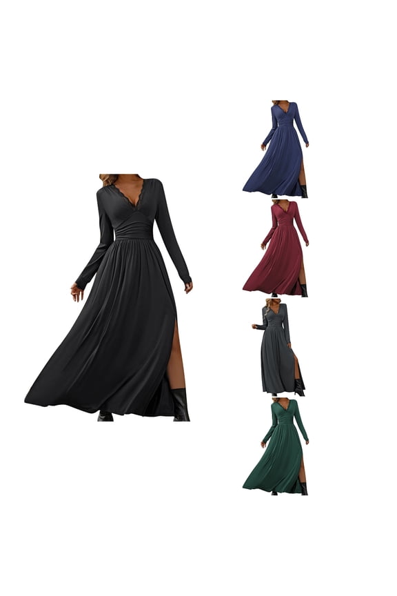 Women Long Sleeve Solid High Waist Lace Banquet Long Dress V Neck Formal Wedding Guest Dress,Winter Dresses for Women,Long Sleeve Party Dress for Women,Black,XL