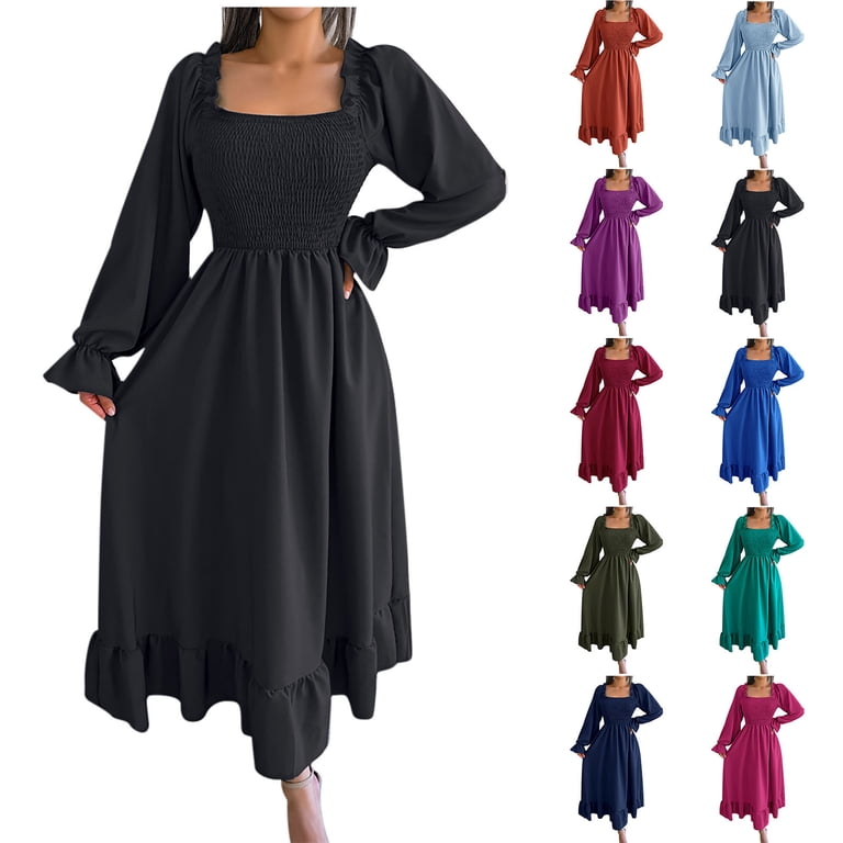 Antinious Women Long Sleeve Solid Color Square Neck Office Style Flared Sleeve Ruffled Wedding Guest Dress Evening Dress,Fall Winter Birthday Dresses Antinious Women Long Sleeve Solid Color Square Neck Office Style Flared Sleeve Ruffled Wedding Guest Dress Evening Dress,Fall Winter Birthday Dresses