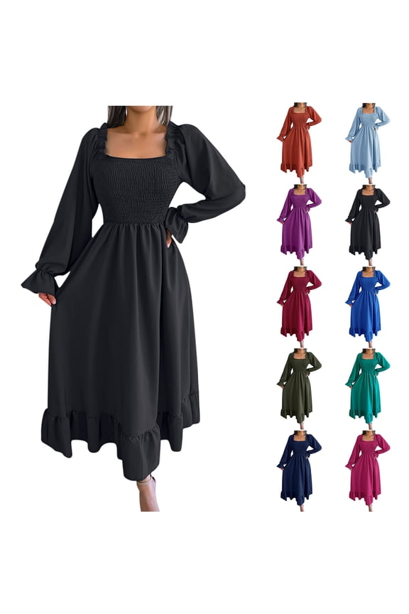 Women Long Sleeve Solid Color Square Neck Office Style Flared Sleeve Ruffled Wedding Guest Dress Evening Dress,Fall Winter Birthday Dresses for Women,Women Party Dress,Army Green,L