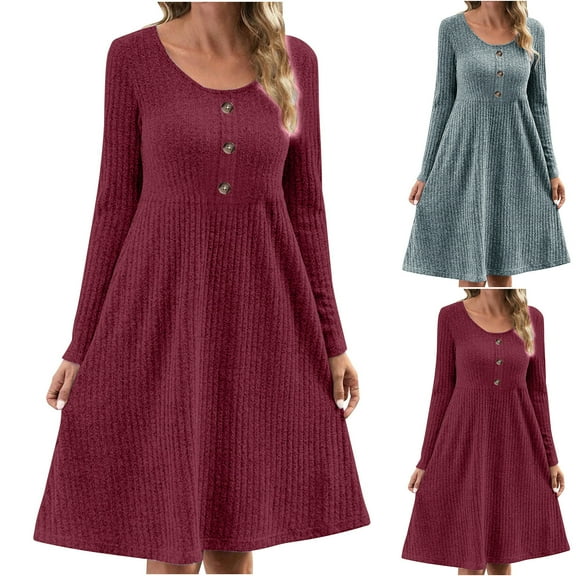 Antinious Women Long Sleeve Solid Vacation Casual Fashion Loose Ribbed Crew Neck Sweater Dress,Birthday Dresses for Women,Women Party Dress,Blue,M