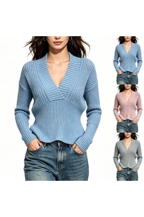 Women Long Sleeve V-Neck Short Cut Solid Waist Defined Loose Versatile Knit Pullover Sweater