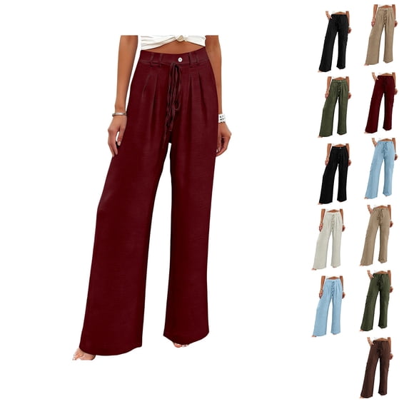 Antinious Women Loose Solid Drawstring Wide Leg Straight Leg Side Pockets Daily Casual Pants