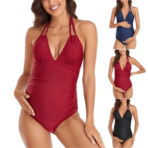 Antinious Women Maternity Solid V-Neck Backless Ruched Strap Beach Layout Jumpsuits Swimsuits