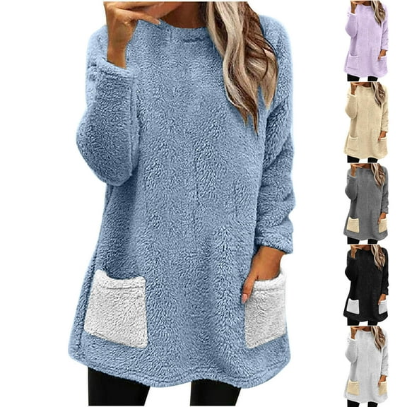 Antinious Women Plus Size Casual Solid Crew Neck Long Sleeve Pocketed Flannel Pullover Tops,Sweatshirt for Women,Going Out Tops for Women,Black,S