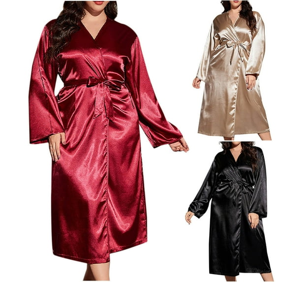 Antinious Women Plus Size Faux Silk Long Robe Long Sleeve Soft Sleepwear Robe,Robes for Women,Women Pajamas Bathrobes,Red,XL