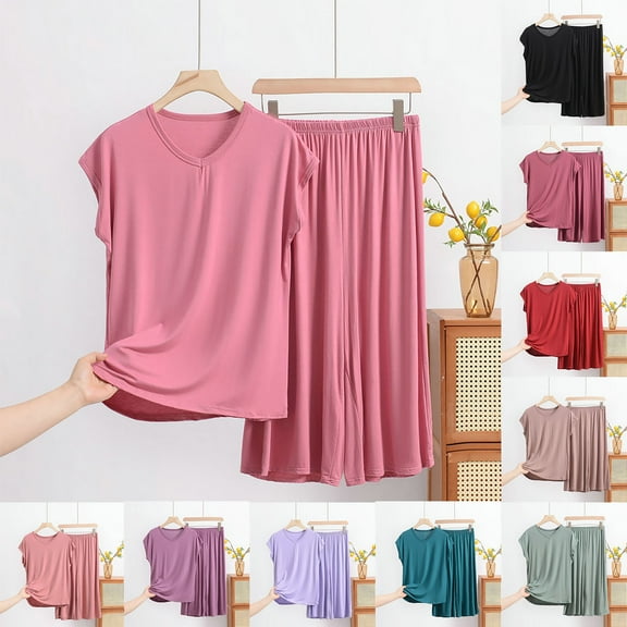 Antinious Women Plus Size Home Wear Solid Sleeveless Loose Tank Top Homewear Sleepwear Set,Holiday!Pajamas for Women Set,Ladies Sleepwear Outfits,Gold,XL