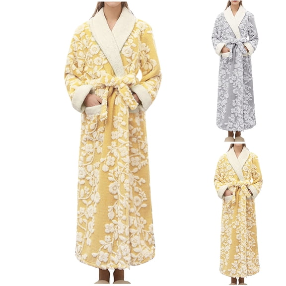 Antinious Women Plus Size Knit Robe Casual Long Sleeve Print Bathrobe with Pockets Home Wear,Robes for Women,Women Pajamas Bathrobes,Yellow,XL