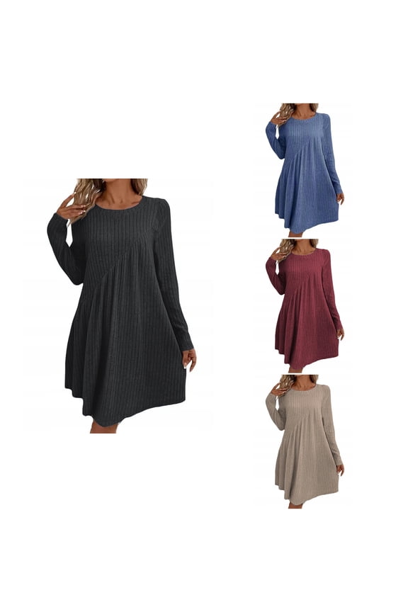 Women Plus Size Long Sleeve Solid Knit Dresses Crew Neck Brushed Textured Pleated Mid Length Sweater Dress,Birthday Dresses for Women,Women Party Dress,Wine,XXL