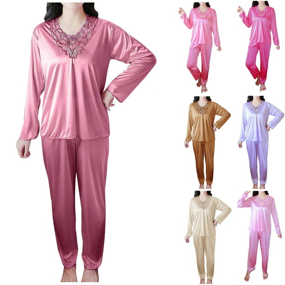Antinious Women Plus Size Pajamas Set Summer Solid Casual Long Sleeve Ice Silk Satin V Neck Loose Sleepwear