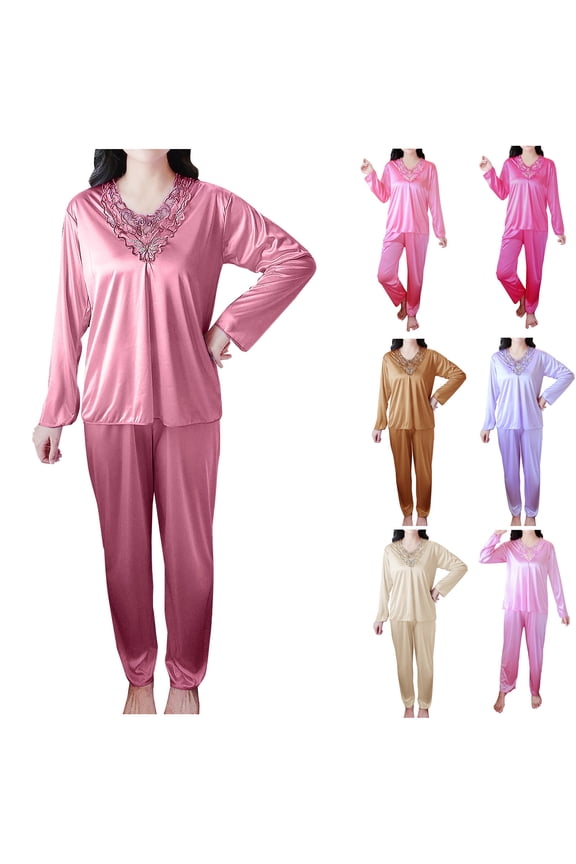 Women Solid Casual Long Sleeve Ice Silk Satin V-Neck Loose Plus Size Pajamas Set