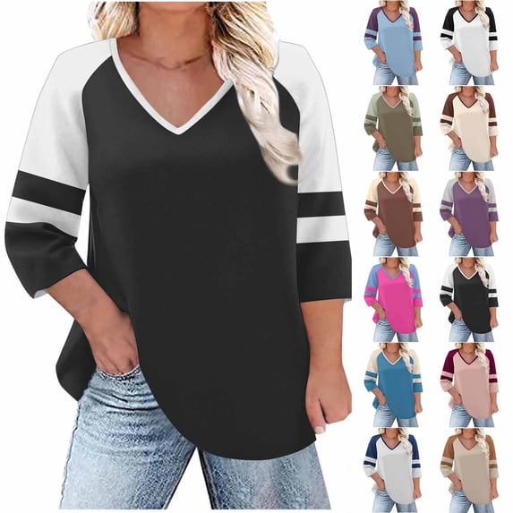 Antinious Women Plus Size Patchwork V-Neck 3/4 Sleeve Raglan Loose Casual T-Shirts
