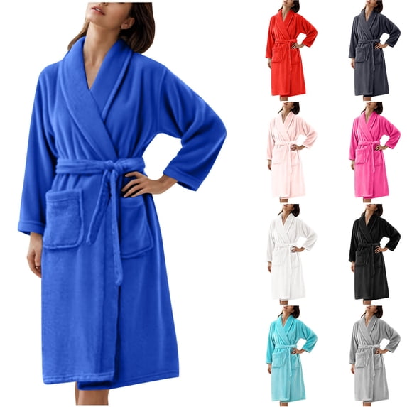 Antinious Women Plus Size Solid Color Flannel Long Robe Matching Home Wear Robe,Fall Winter Savings!Robes for Women,Women Pajamas Bathrobes,Black,L