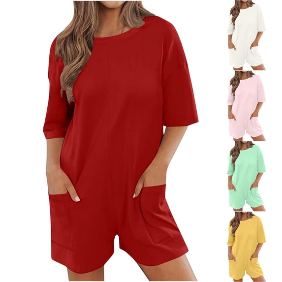 Antinious Women Plus Size Solid V-Neck Reversible Pocket Short Jumpsuit Summer with Casual Style