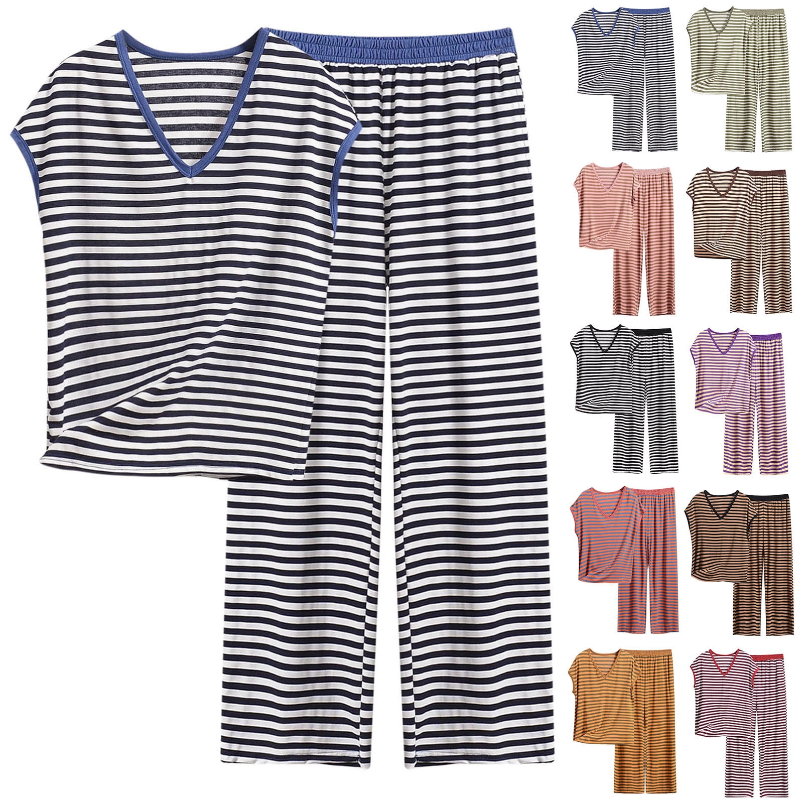 Antinious Women Plus Size Stripe V-Neck Sleeveless 2 Piece Pajamas Set ...
